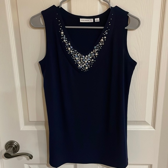 Susan Graver Tops - Susan Graver Navy Blue Sleeveless Blouse with Bedazzled Neckline size Small